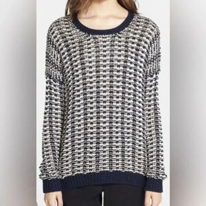 Woman VINCE navy Blue White Mercerized Textured Heavy Knit Chunky Sweater Sz XS